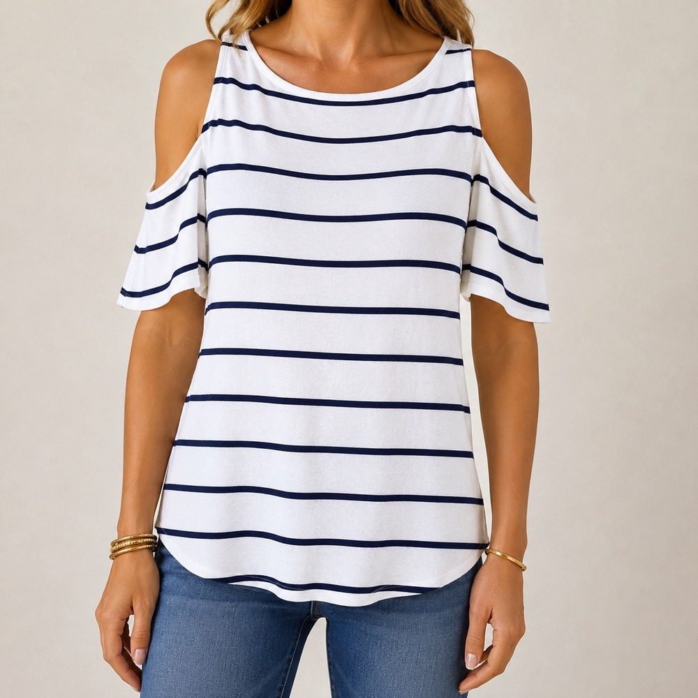 Bailey/44 Womens Striped Cold Shoulder Short Sleeve Top White Black Medium sport